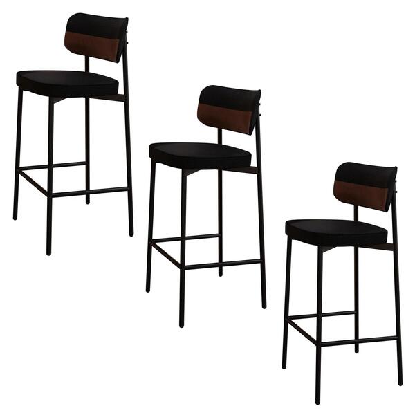 Banqueta Alta Bar Estofada Kit 3 Ella M25 Linho Preto/marrom