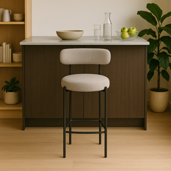 Banqueta Alta Camelia Estofada Linho Cinza Com Encosto Para C