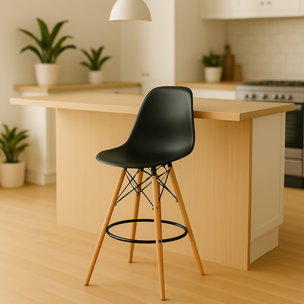 Banqueta Alta Charles Eames Eiffel Branca Base Madeira Preta