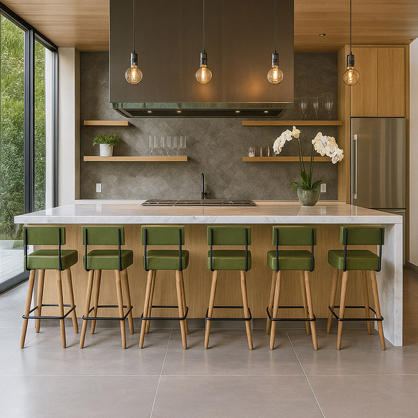 Banqueta Alta Cozinha 70cm Encosto Pé Madeira Kit 6 Barcelona