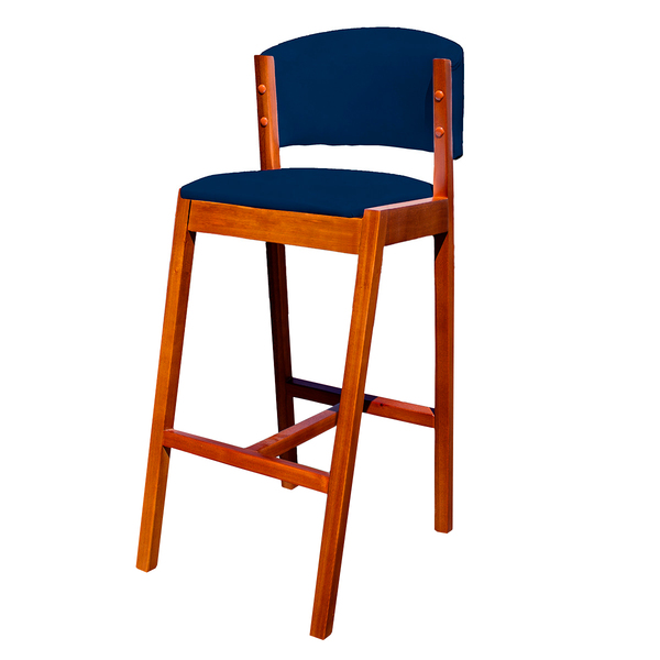 Banqueta Alta De Madeira Com Encosto Veludo Azul Ana Ideal Mó