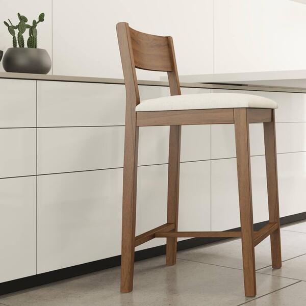 Banqueta Alta Manu Estofada Com Tecido Linho - Nogueira/bege