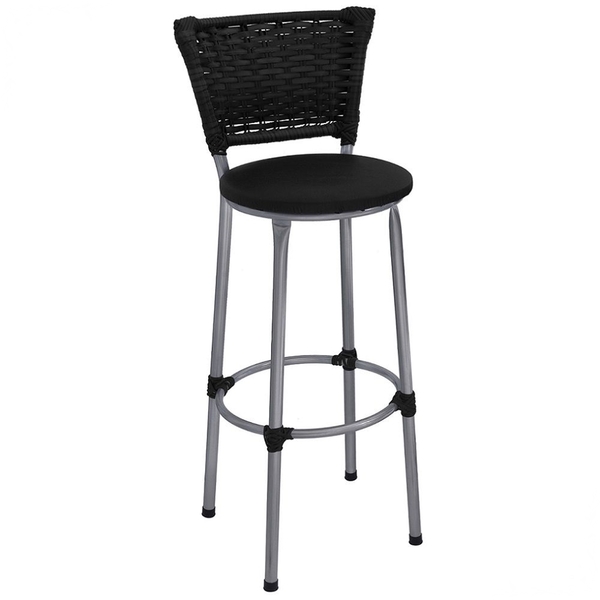 Banqueta Alta Prata Com Encosto Junco Preto Assento Preto