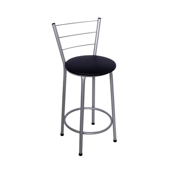 Banqueta Alta Prata Com Encosto Para Cozinha Assento Preto