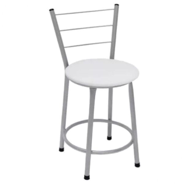 Banqueta Baixa Prata Com Encosto Para Cozinha Assento Branco