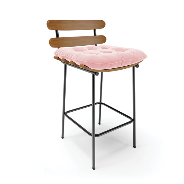 Banqueta Costela Suede Rosa Bebê Base Metálica Preto - D'rossi