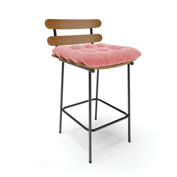 Banqueta Costela Suede Rosê Base Metálica Preto - D'rossi