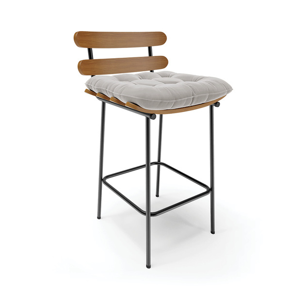 Banqueta Costela Veludo Cinza Base Metálica Preto - D'rossi