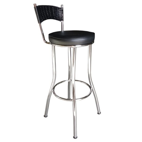 Banqueta Cromada Alta Assento Preto E Encosto Em Fibra Sintét