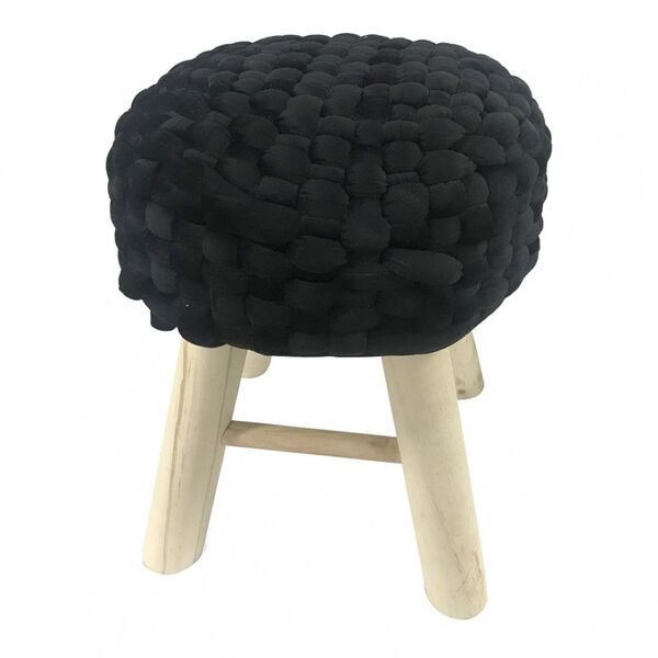 Banqueta De Madeira E Tecido Aveludado Preto