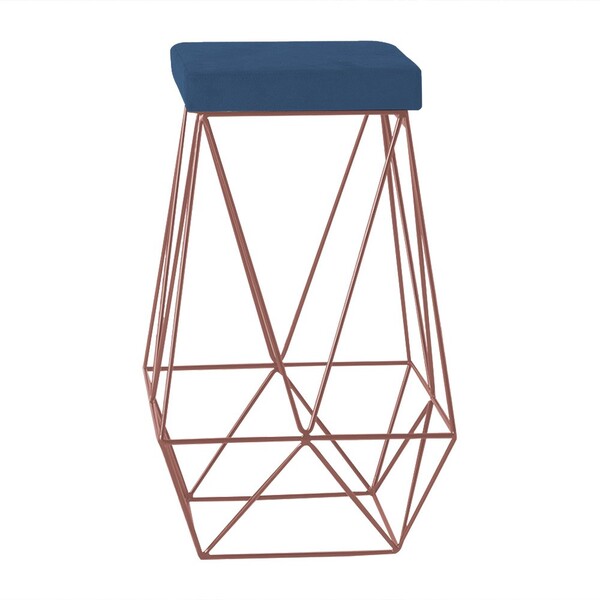 Banqueta Decorativa Kathy Base Bronze Suede Azul Marinho G41