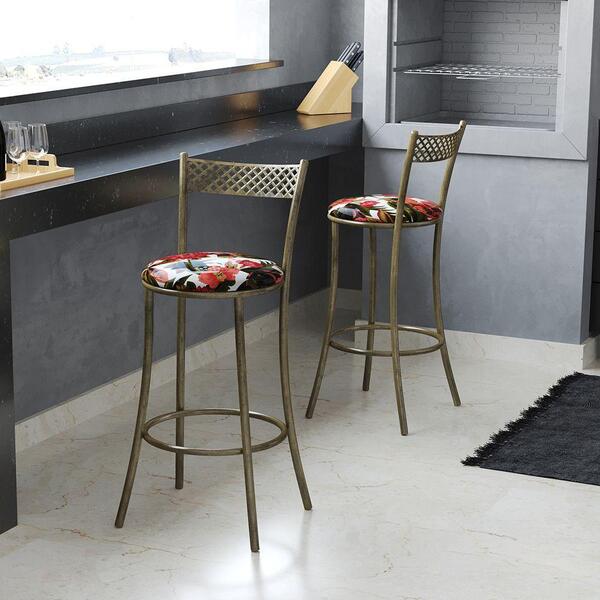 Banqueta Dourada Em Aço E Junco México Floral Bromelia Vermel