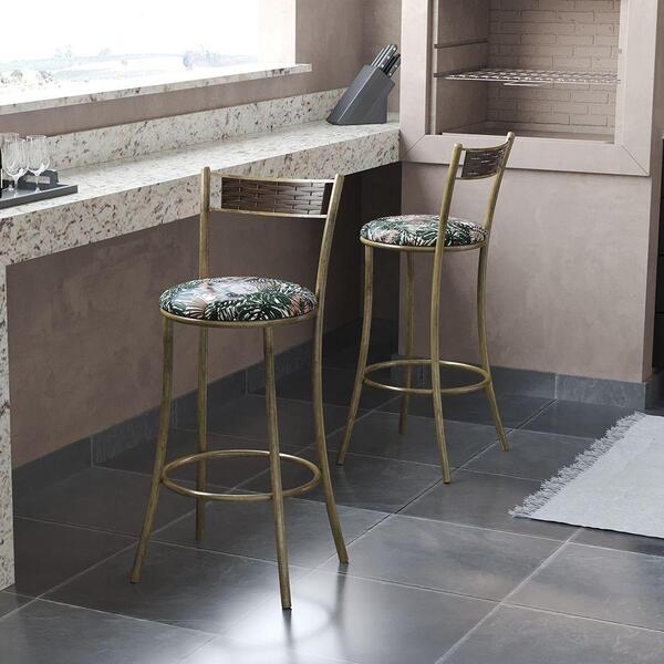 Banqueta Dourada Em Aço E Junco Pequim Floral Costela De Adão