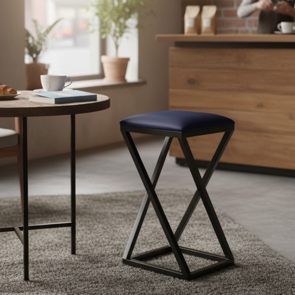 Banqueta Em Aço Baixa Industrial Com Assento De Corino Azul