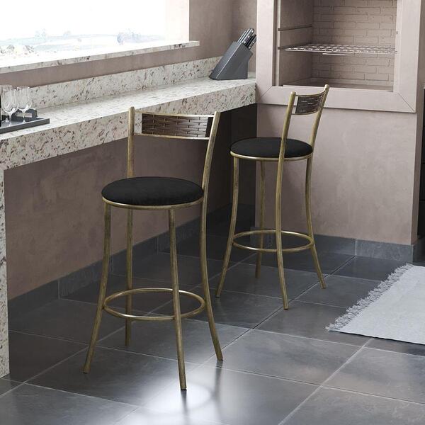 Banqueta Em Aço Ouro Envelhecido Assento Preto Pequim - Cor: