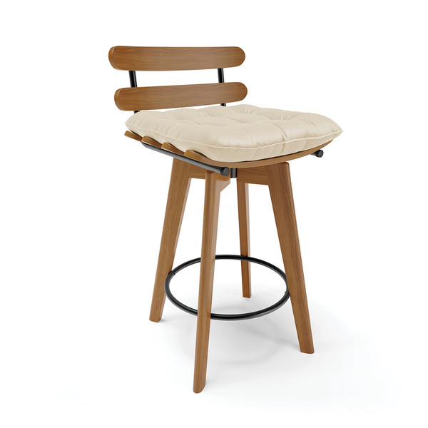 Banqueta Giratória Costela Corino Bege Base Madeira Ma70 J01