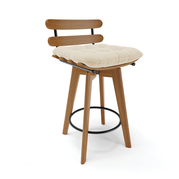 Banqueta Giratória Costela Linho Palha A32 Base Madeira Ma70