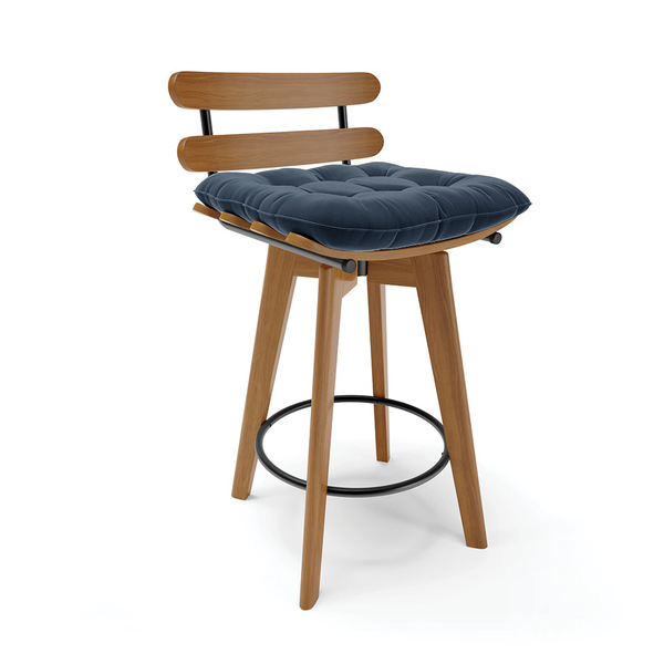 Banqueta Giratória Costela Suede Azul Marinho Base Madeira Ma