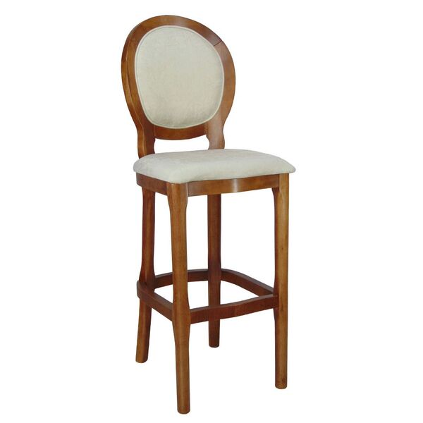 Banqueta Medalhão Alta Veludo Creme E Verniz Imbuia