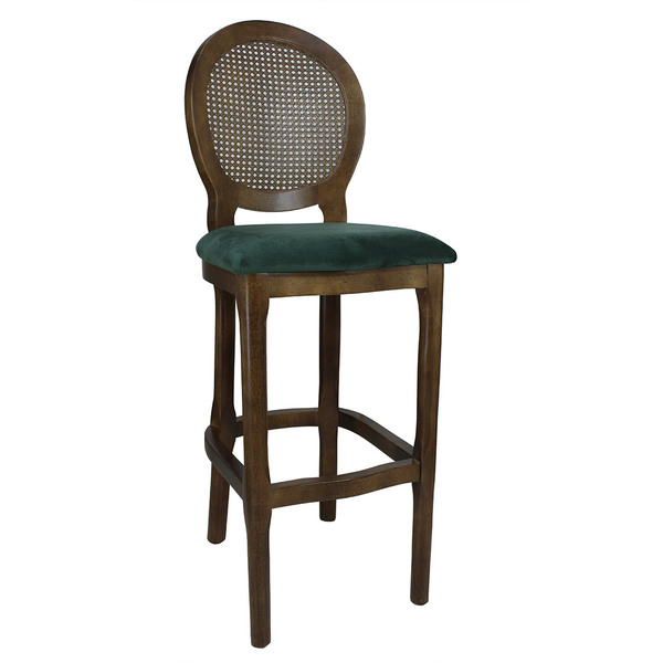 Banqueta Medalhão Com Tela Verniz Cappuccino E Veludo Verde