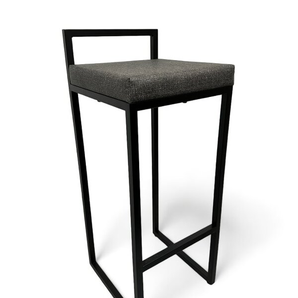 Banqueta Quadro Estofado Cinza Com Encosto Metalon Preto 75cm