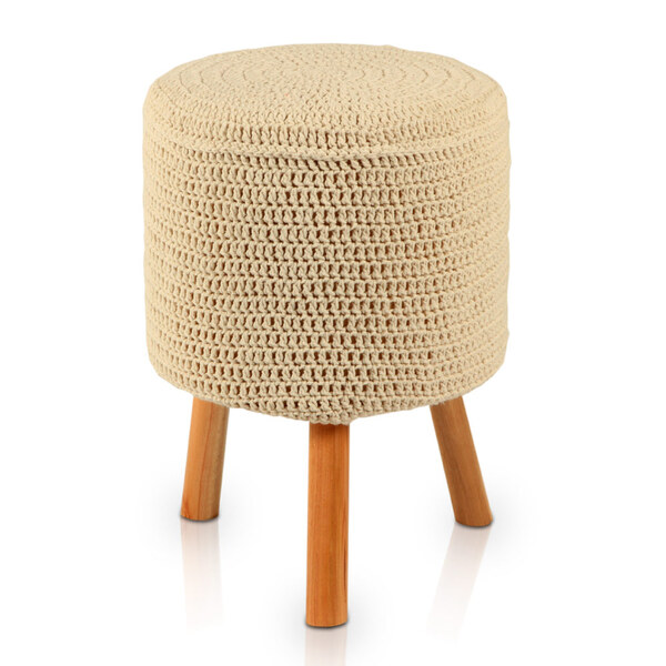 Banqueta Round Crochê Com Pés Natural - Cru