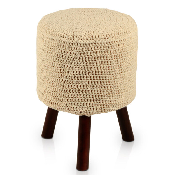 Banqueta Round Crochê Com Pés Tabaco - Cru