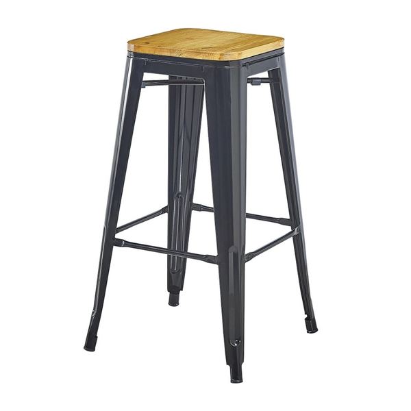 BANQUETA TOLIX PRETO BRILHANTE COM ASSENTO DE MADEIRA