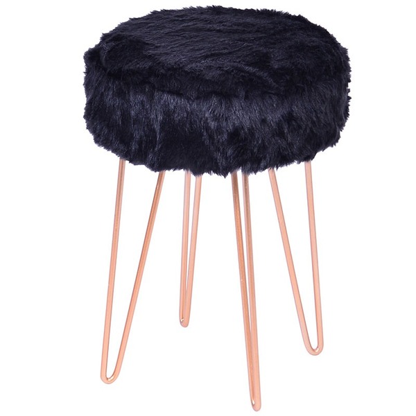 Banquinho Glamour Pêlo Preta Base De Metal - Or Design