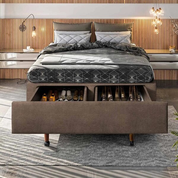 Base Box Casal Com Sapateira 138x188x30cm  Suede Areia Suede