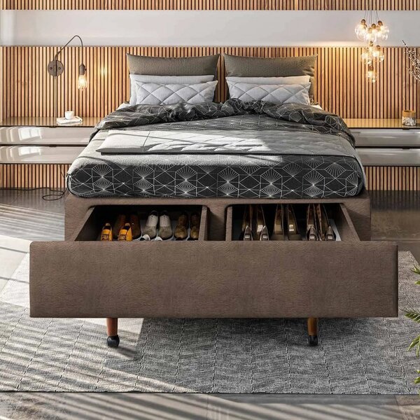 Base Box Queen Com Sapateira 158x198x30cm  Suede Areia Suede