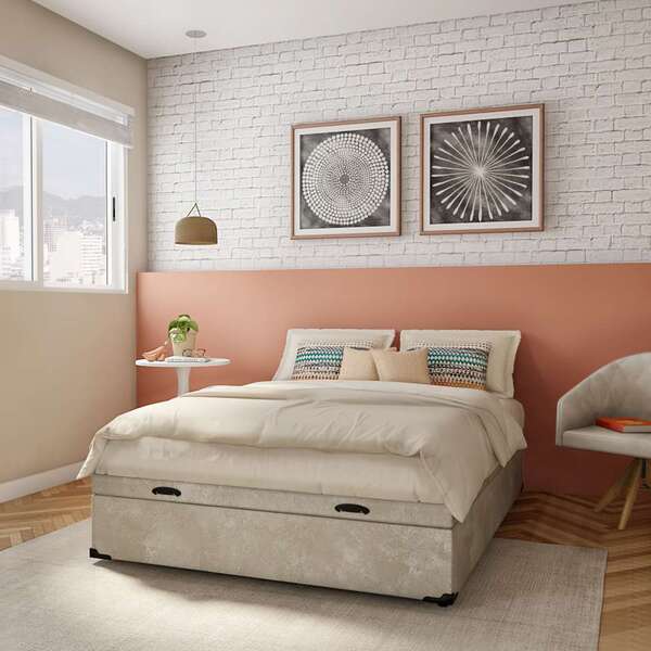 Base Para Cama Box Casal Mabel Com Baú Suede (47x138x188) Bege