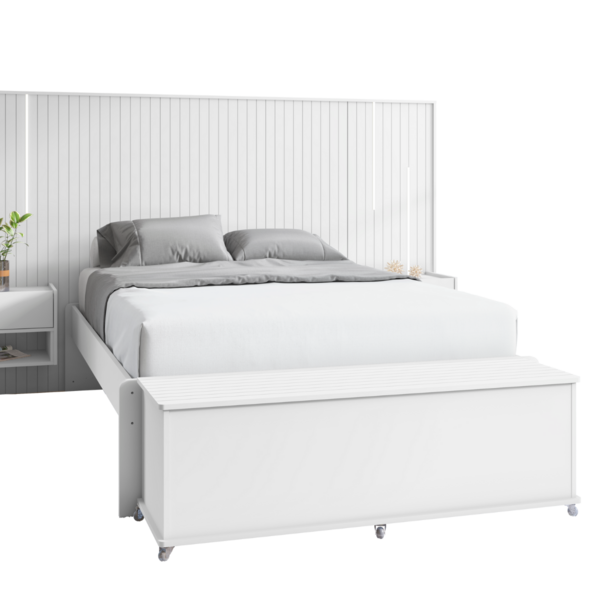 Baú Para Quarto De Casal Com Banco Ripado Branco Rodízios De