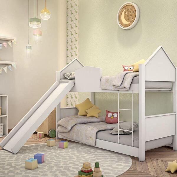 Beliche Infantil Casa Branca Com Escorregador E Colchões
