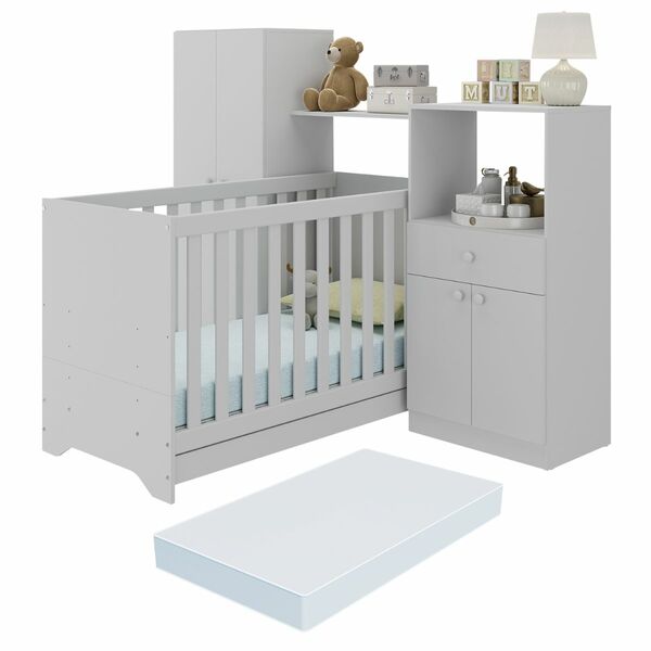 Berço 3 Em 1 Com Colchão E Guarda-roupas 4 Portas 1 Gaveta Mu