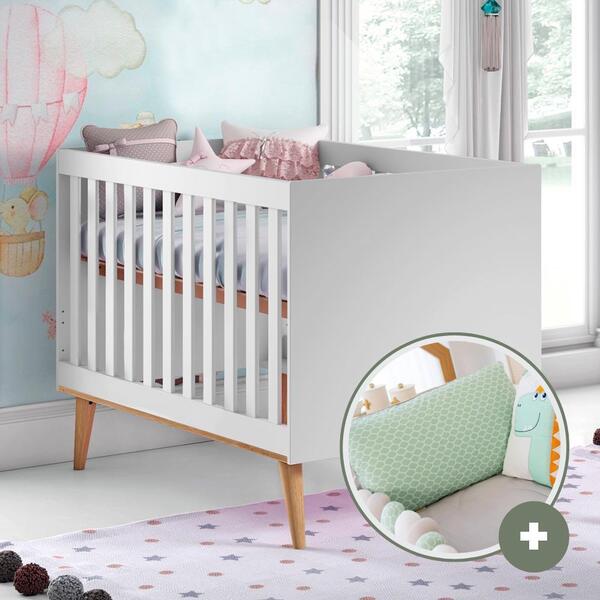 Berço 3 Em 1 Retrô Branco + Kit Berço Bebê Dinos Carolina Baby