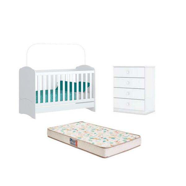 Berço Bala De Menta E Cômoda Amarelinha Branco E Colchão - Fd