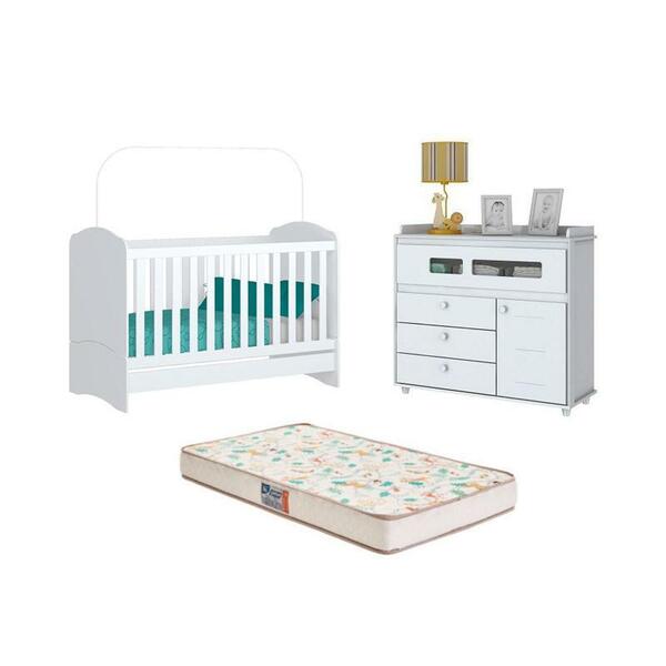 Berço Bala De Menta E Cômoda Aquarela Branco E Colchão - Fdec