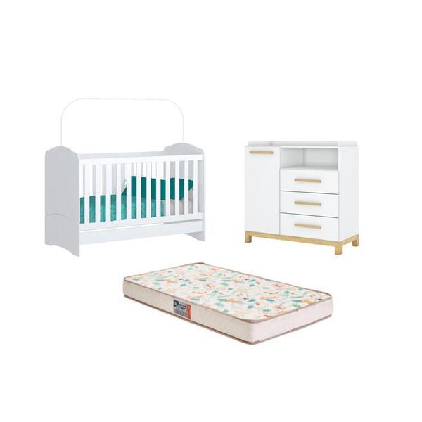 Berço Bala De Menta E Cômoda Estrela Cadente Branco E Colchão