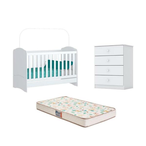 Berço Bala De Menta E Cômoda Labirinto Branco E Colchão - Fde
