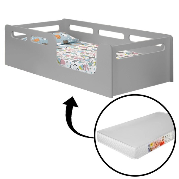Berço Cama + Colchão Infantil Montessori Juvenil Cinza