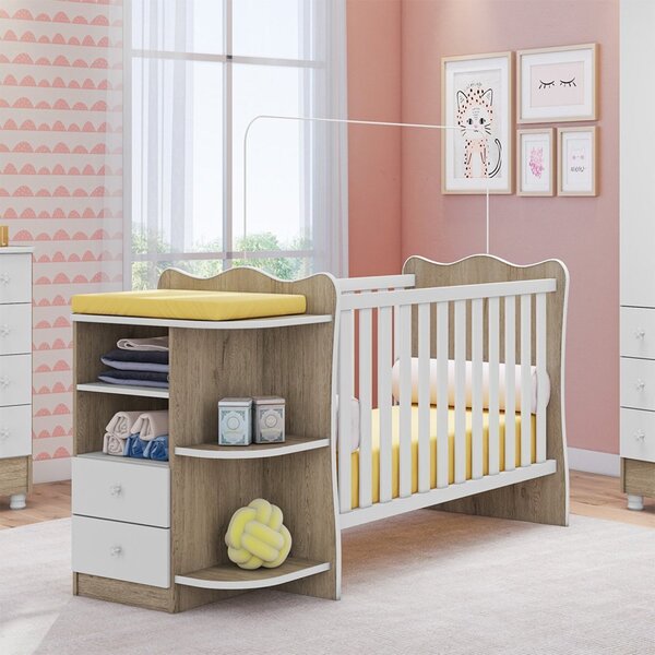 Berço Com Trocador 2 Gavetas 4 Prateleiras Qmovi Carvalho/bra