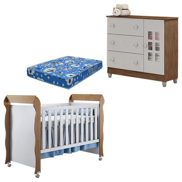 Berço Mirelle E Cômoda Mariah Branco Acetinado Amadeirado Com