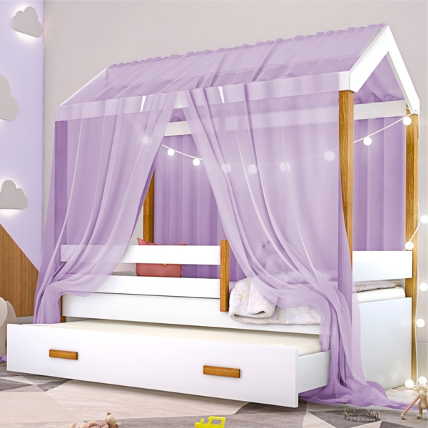 Bicama Montessori Exclusiv Solteiro Fio De Luz E Voal Lilás