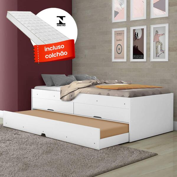 Bicama Solteiro Com 2 Gavetas E 2 Colchões Branco Bari Gabrie