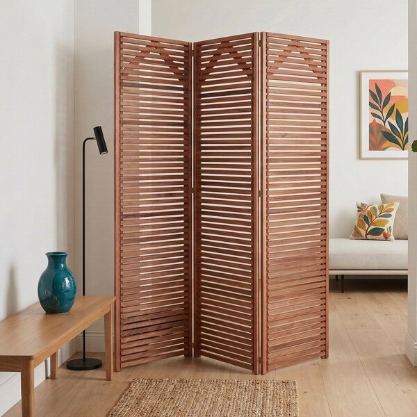 Biombo 3 Folhas Divisória Madeira Maciça Ripado P/ Área Inter