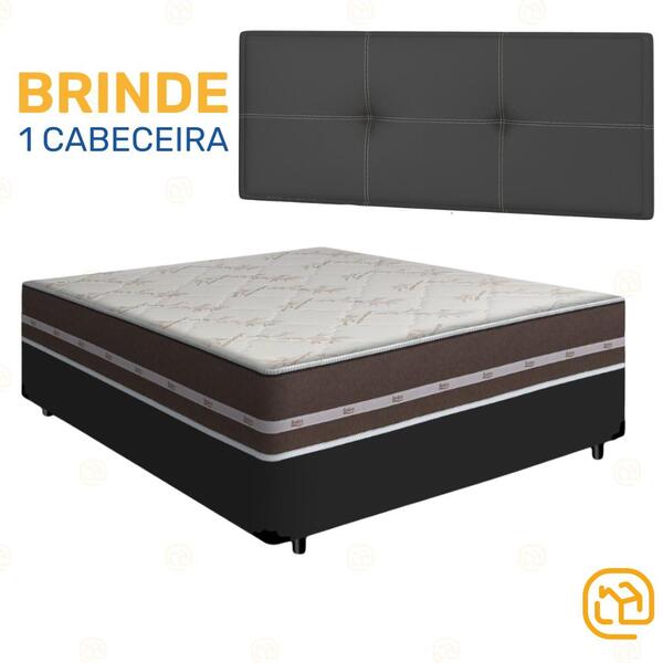 Box Casal Preta + Cabeceira Painel Iris Preta + Colchão De Mo