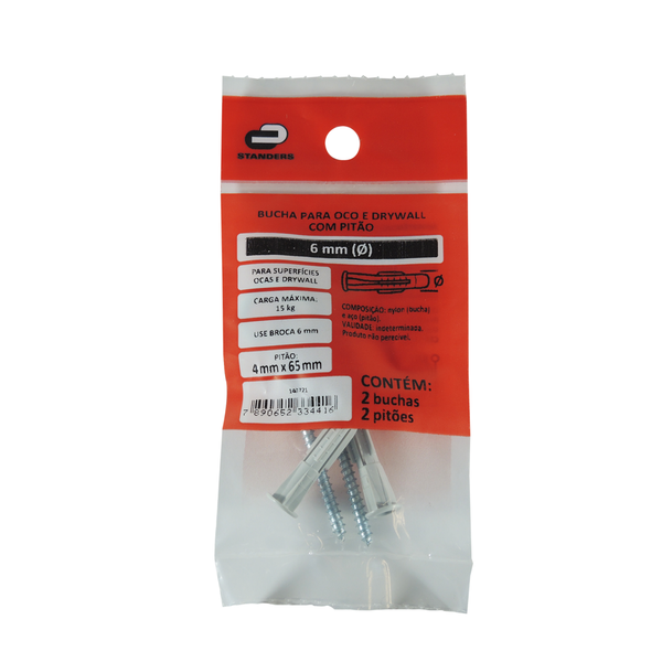 Bucha Nylon para Alvenaria 6mm com Pitão 2 unidades