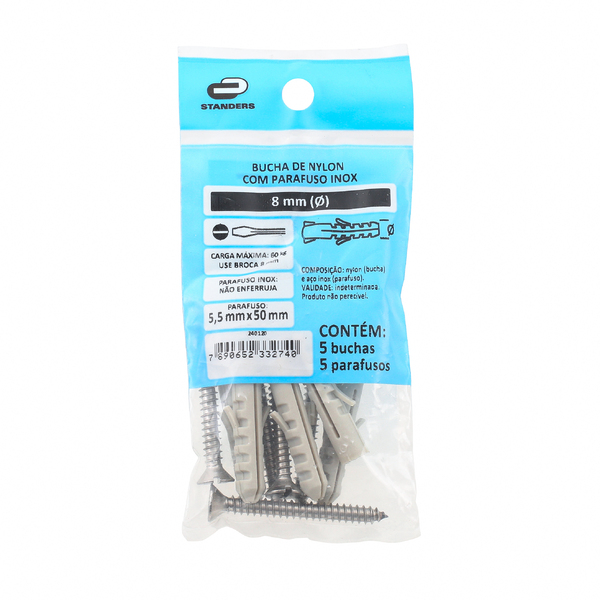 Bucha Nylon para Alvenaria 8mm com Parafuso Standers 5 peças