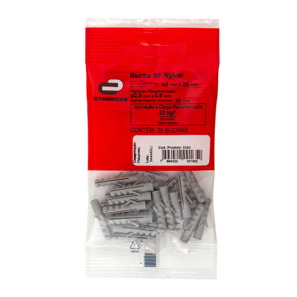 Bucha Nylon para Bases Maciças 5mm com 25 unidades Standers